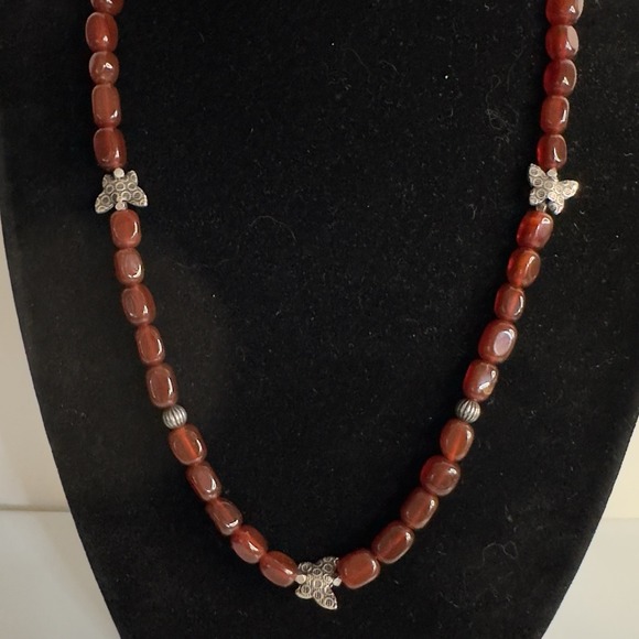 Carnelian Beaded Necklace Sterling Silver 925 Clasp Butterfly Beads 17" - Picture 2 of 16